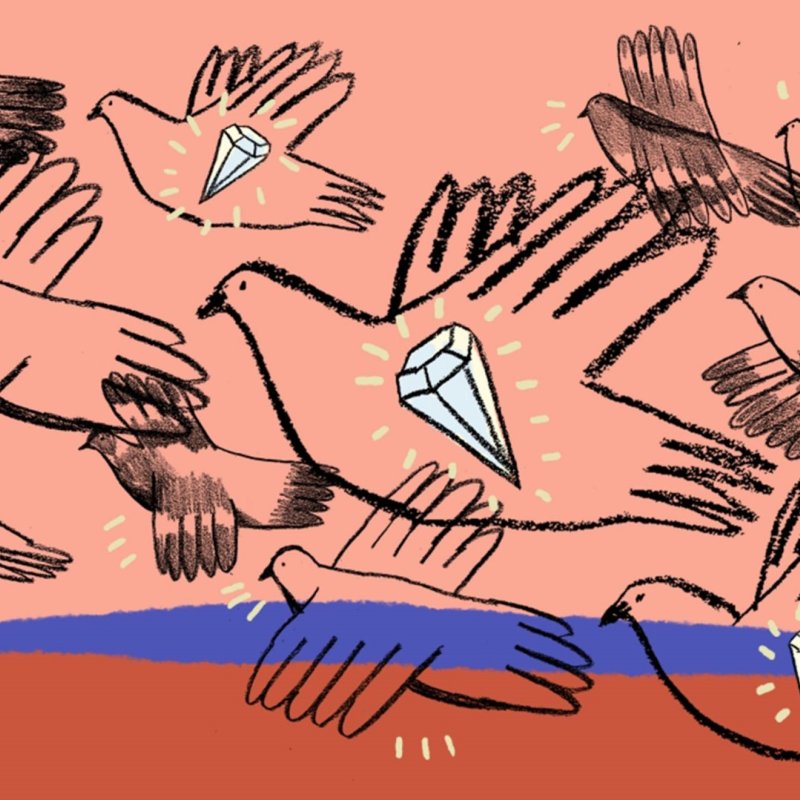 Illustration of birds in flight against striped pink, blue and red background.