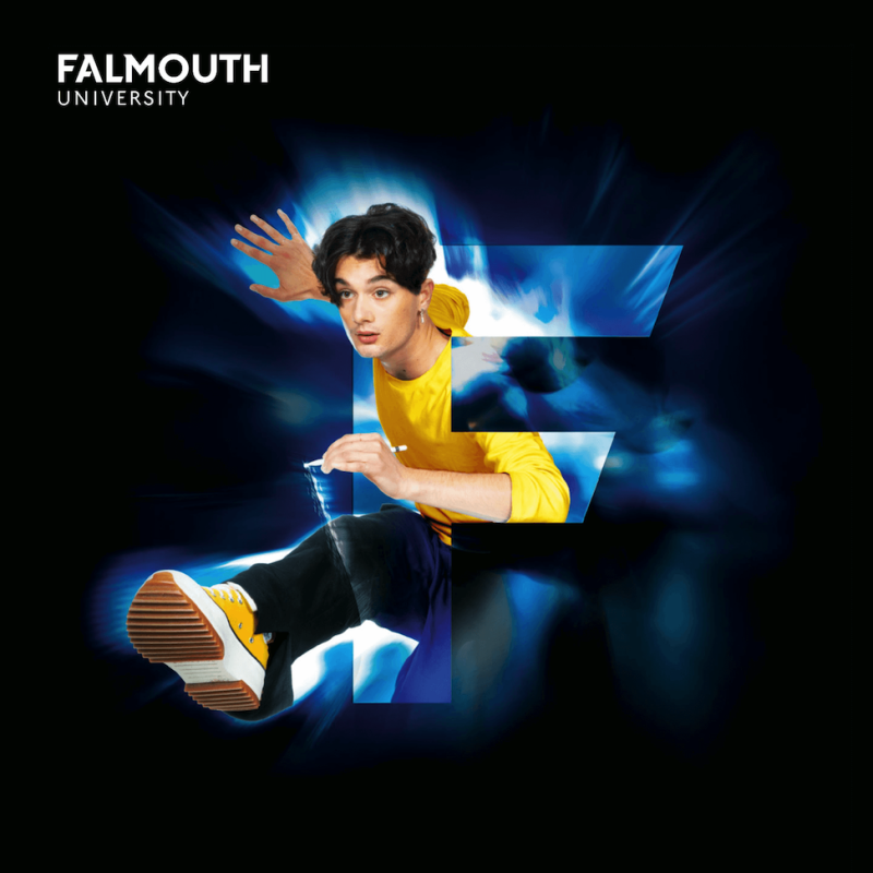 Prospectus cover image of a boy wearing yellow jumping out of the letter F