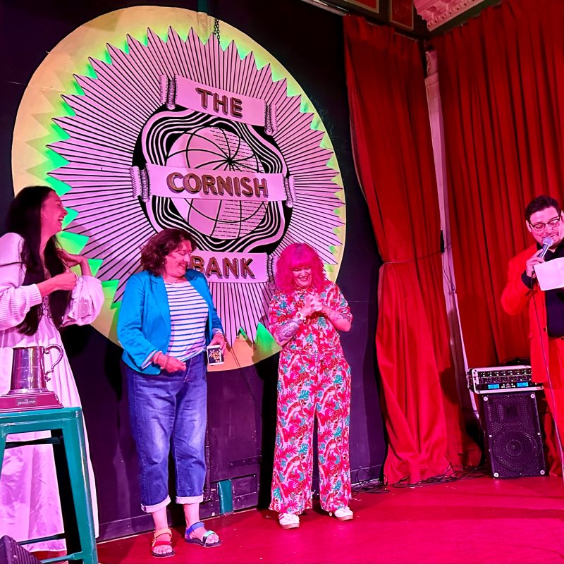 Comedy writing student Rosie Šošić on stage with the other finalists at the Cornish Comedian of the Year competition