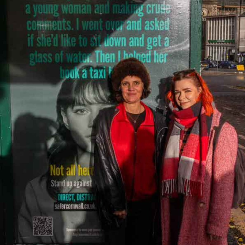 Justyna Skowronska, Lucy Cokes and the Safer Cornwall campaign bus stop advert