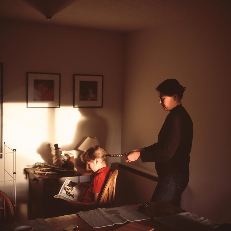 Photograph of a woman plaiting a girl's hair, with sunlight flooding into the room