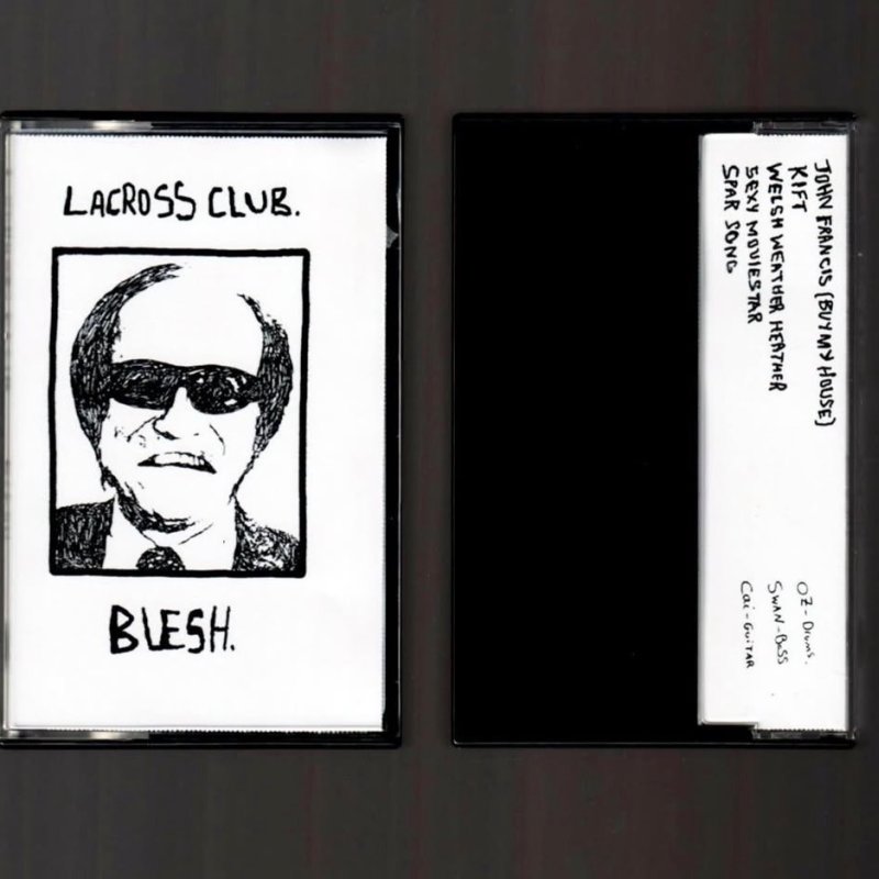 Black and white illustration of a balding man on sunglasses on cassette tape for 'Blesh' by Lacross Club
