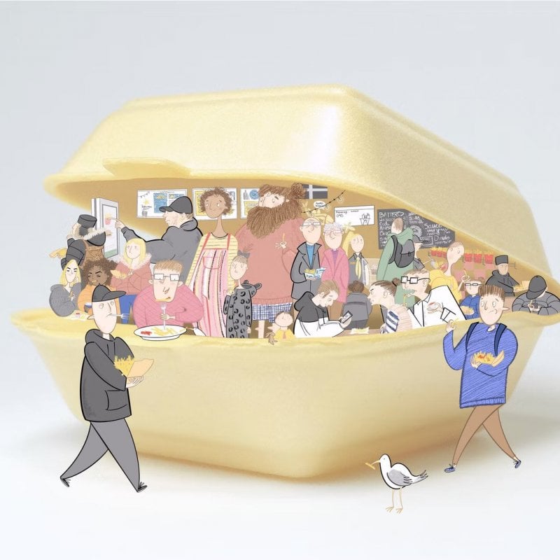 An illustration of chip eaters, eating chips within a yellow takeaway container