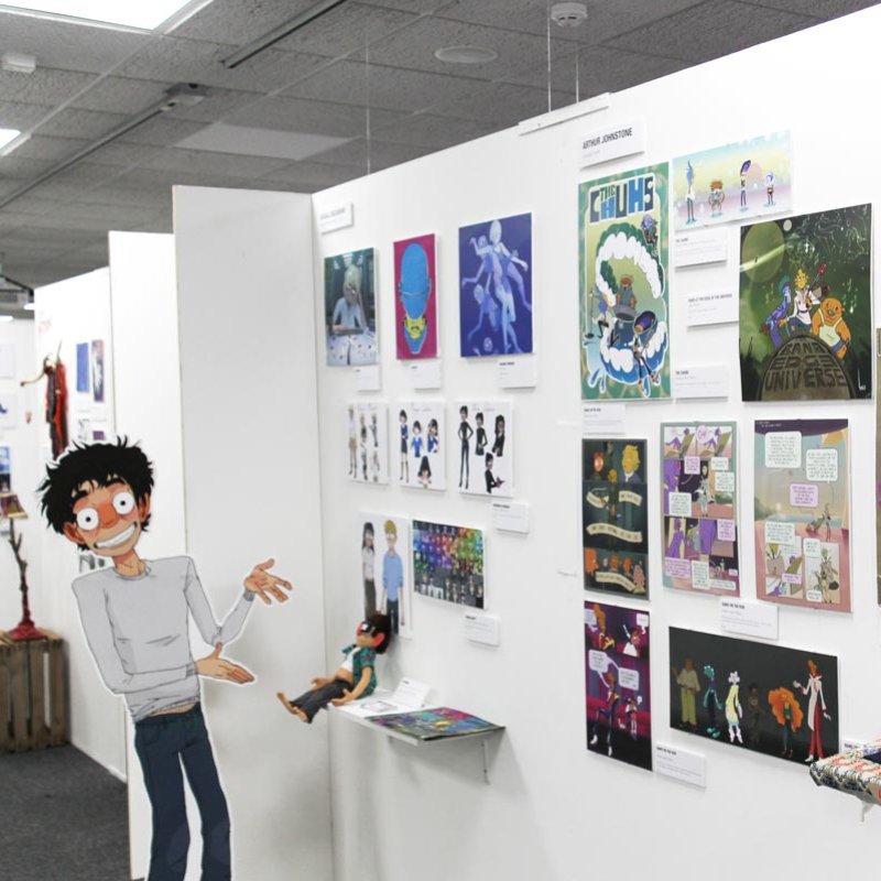Illustration work displayed on a wall at Falmouth University Degree Show