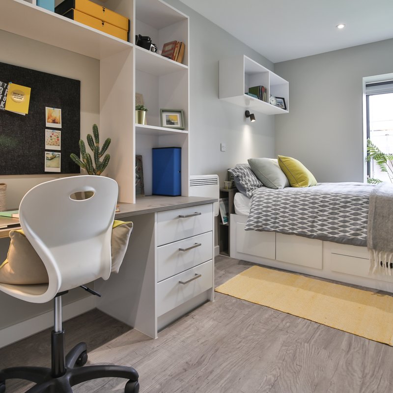 Ocean View - Bedroom & Desk with yellow rug 