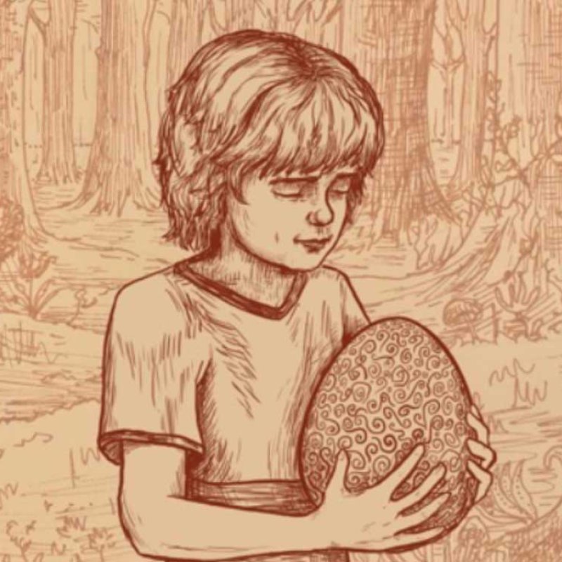 An illustration of a boy holding a large egg