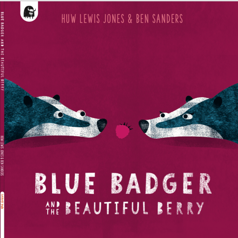 Book cover: Mauve background with illustration of two badgers nose-to-nose with a berry in between them. Text below reads: Blue Badger and the Beautiful Berry