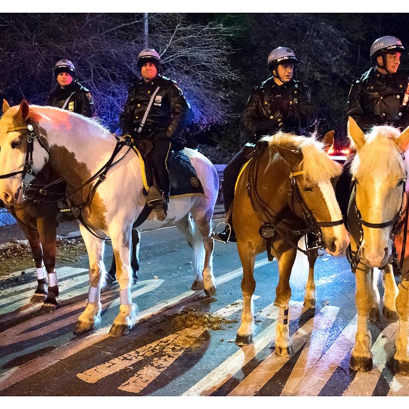Four horse mounted policemen with helmets