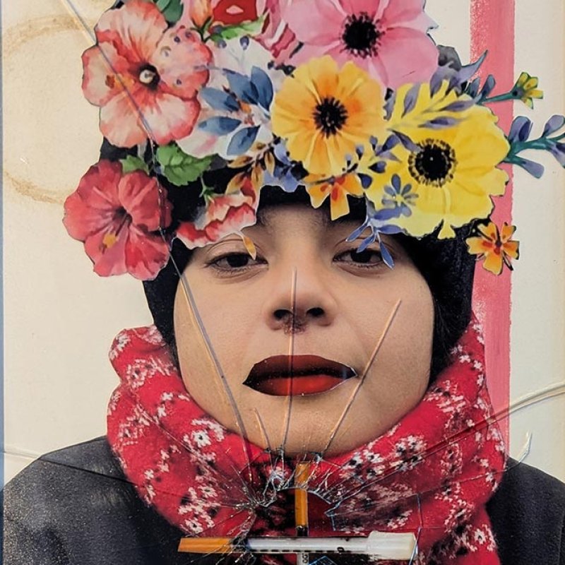Mixed media photograph of a woman wearing a flower crown and red scarf