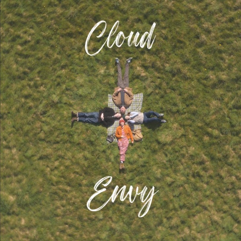 Film poster design of four people lying on the grass, with the title 'Cloud Envy'