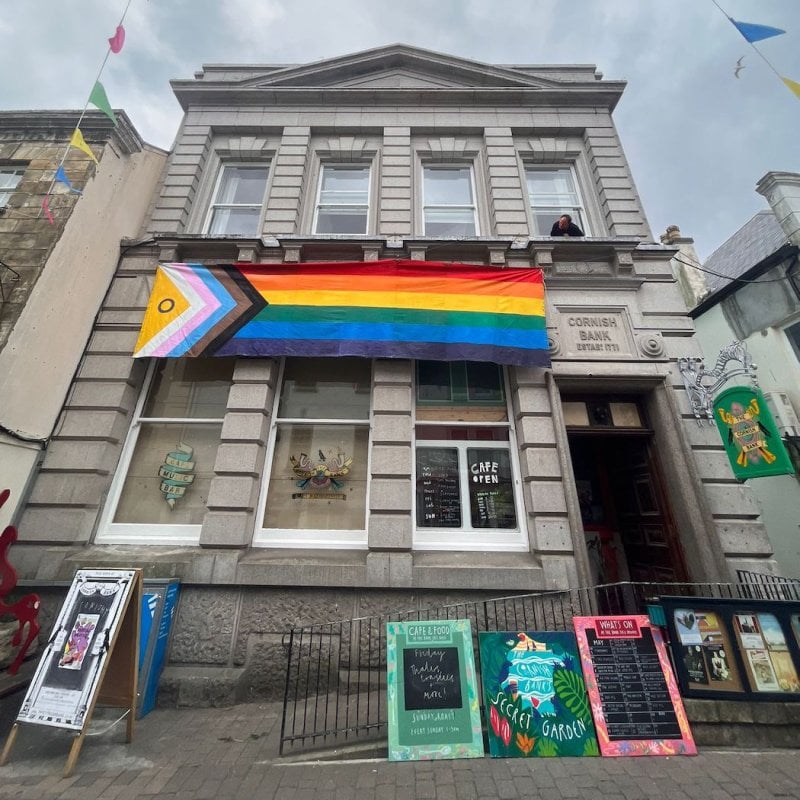 The Cornish Bank exterior building with pride flag