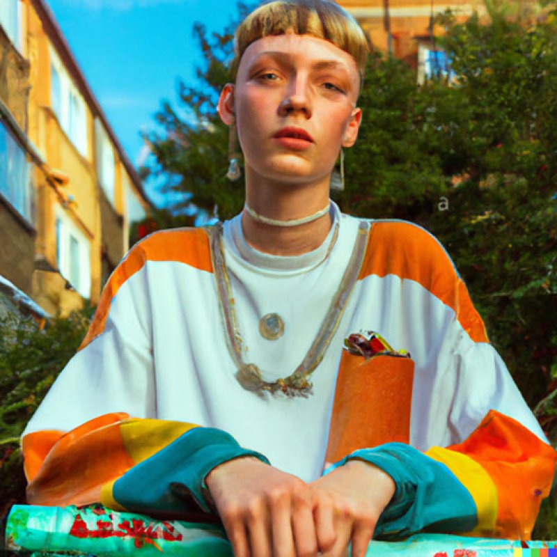 Chris Riccio work person staring at camera in colourful jumper