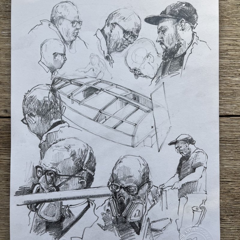 A pencil sketch of people and a boat