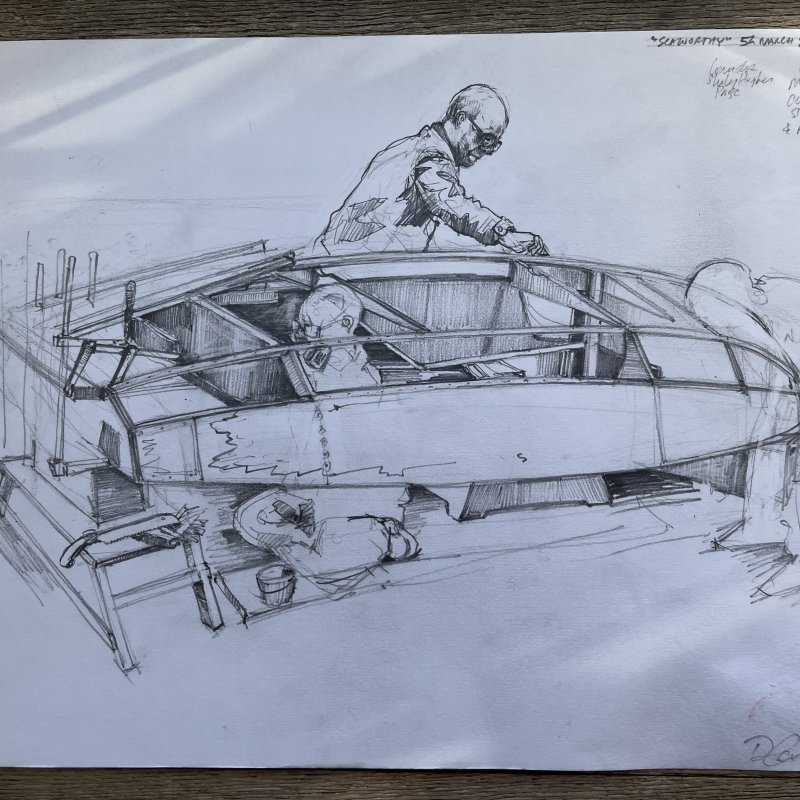 A sketch of men working on a boat