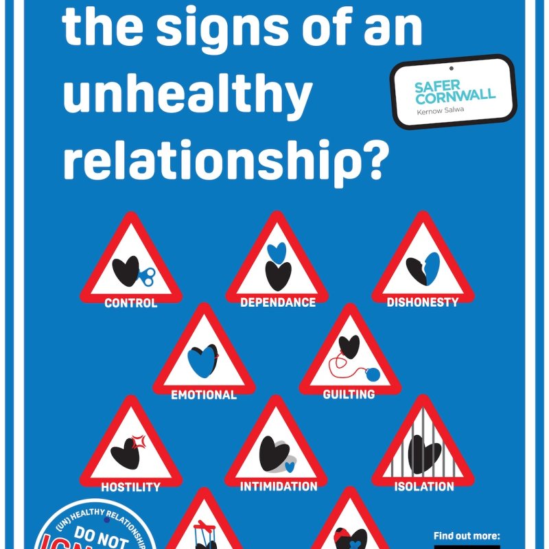Blue poster with text 'Do you recognise the signs of an unhealthy relationship'
