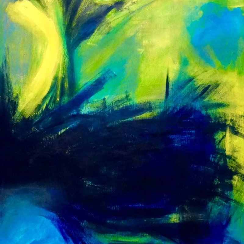 An abstract painting in yellow, blue and green