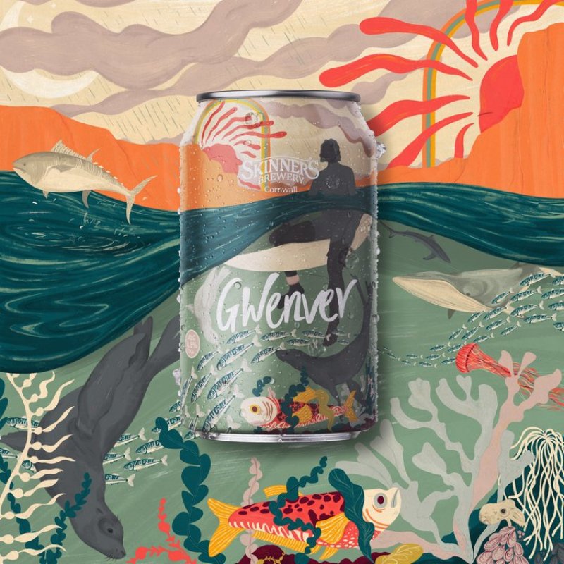 A beer can design: an illustration of the ocean focuses on fish and seals