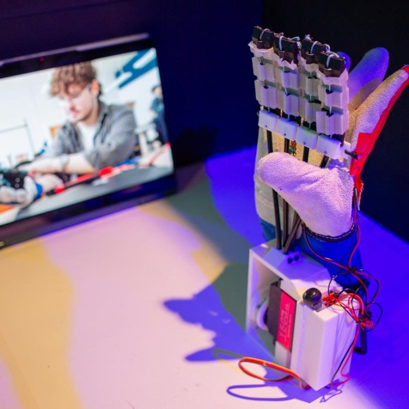 Robotics glove and screen at the Falmouth University Games Expo