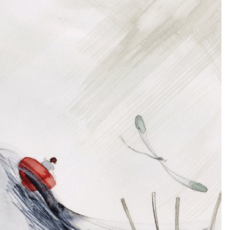 Illustration: the person rides the crest of a wave in the teacup canoe. A dragonfly is nearby