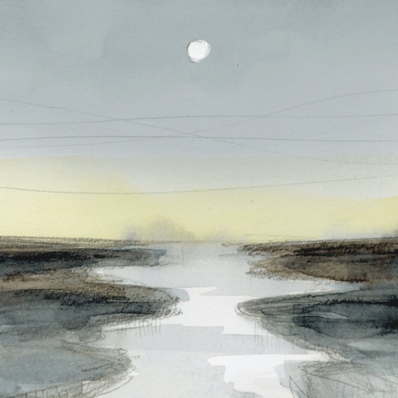Illustration: the person paddles off into the distance, the moonlight guiding them