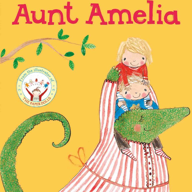 Book cover of a crocodile wearing a dress with two children on its shoulders