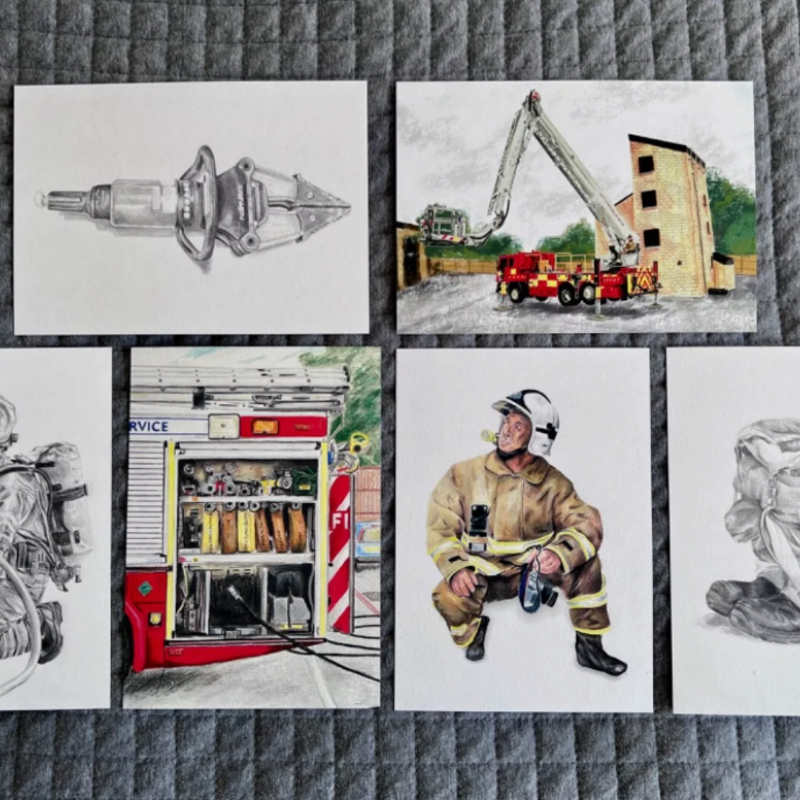 6 different illustrations of firefighters and their equipment