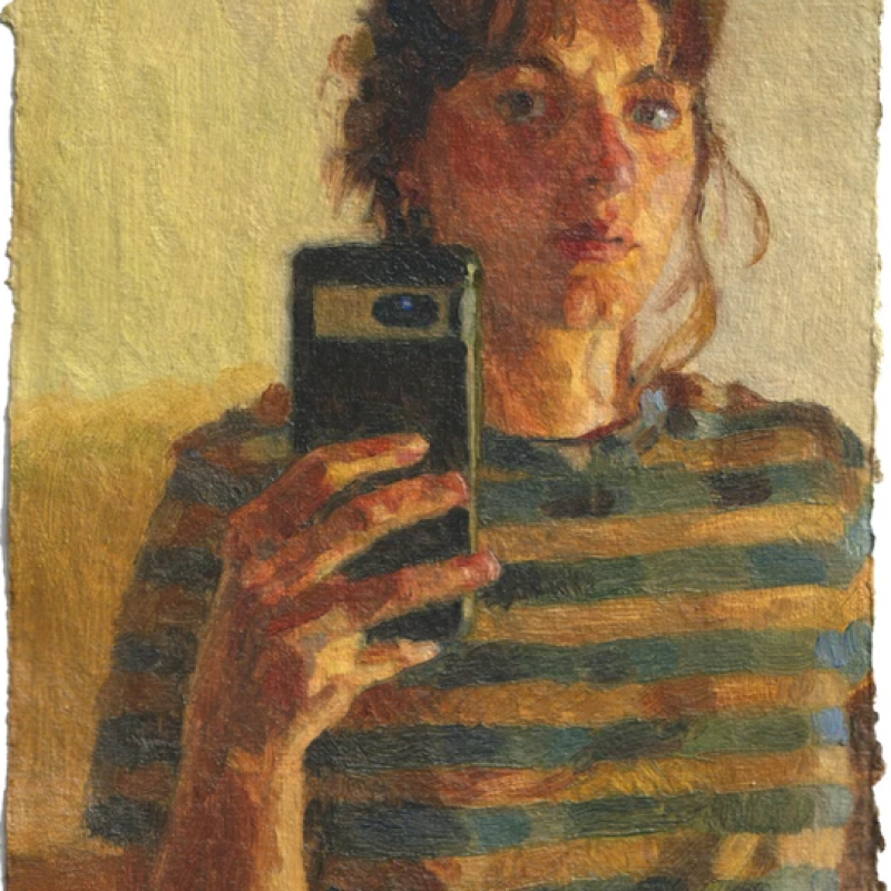 A painting of a woman taking a selfie