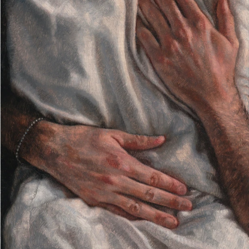 A painting of someone hugging someone else