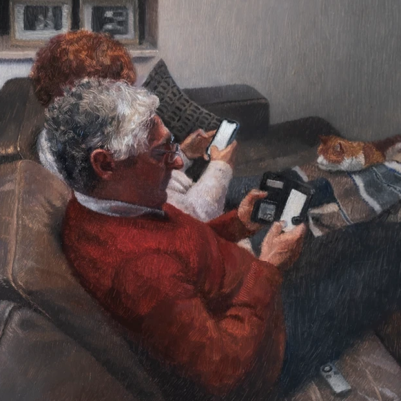 A painting of a couple sat on a sofa on their phones