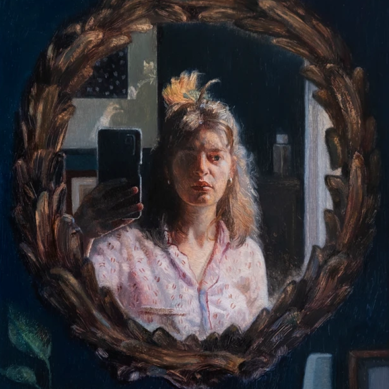 A painting of a woman taking a selfie