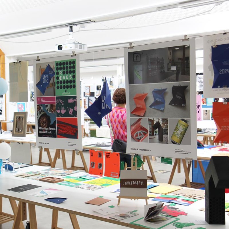 Exhibition space with Graphic Design work displayed at Falmouth University
