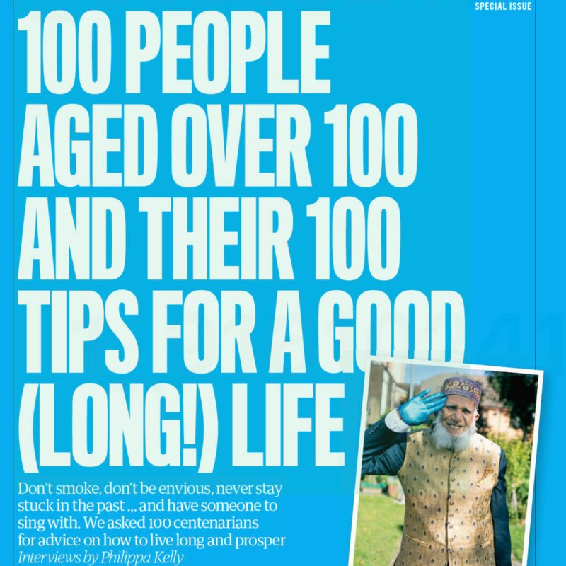 Guardian article page with subtitle ' 100 people aged over 100 and their 100 tips for a good (long) life