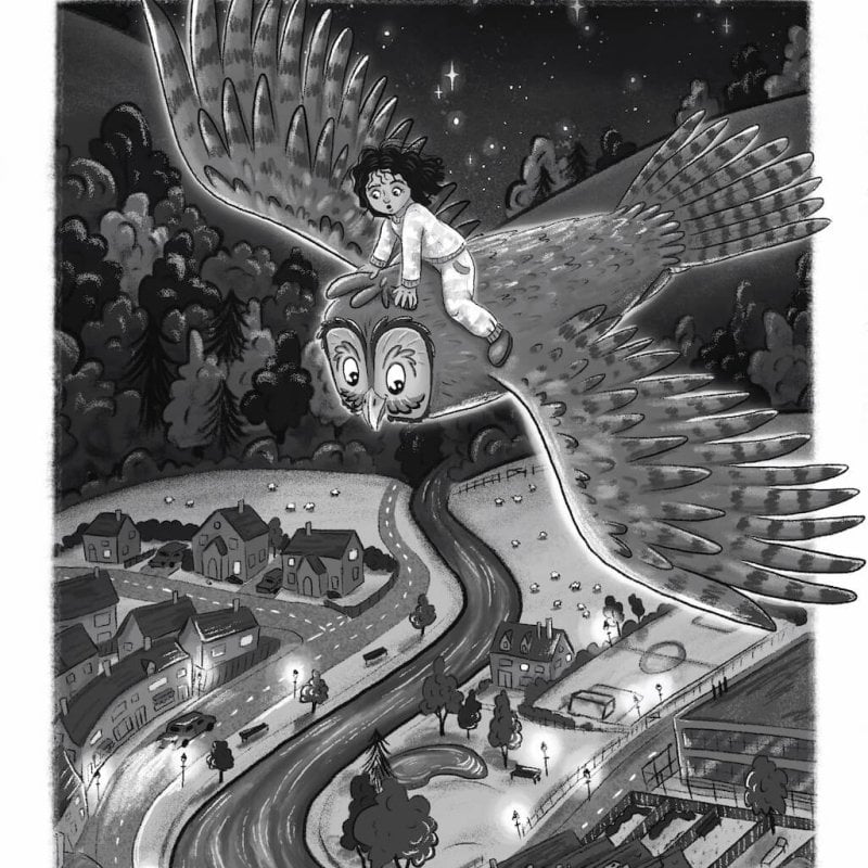 Black and white drawing of a little girl riding on an owl as it flies above a town
