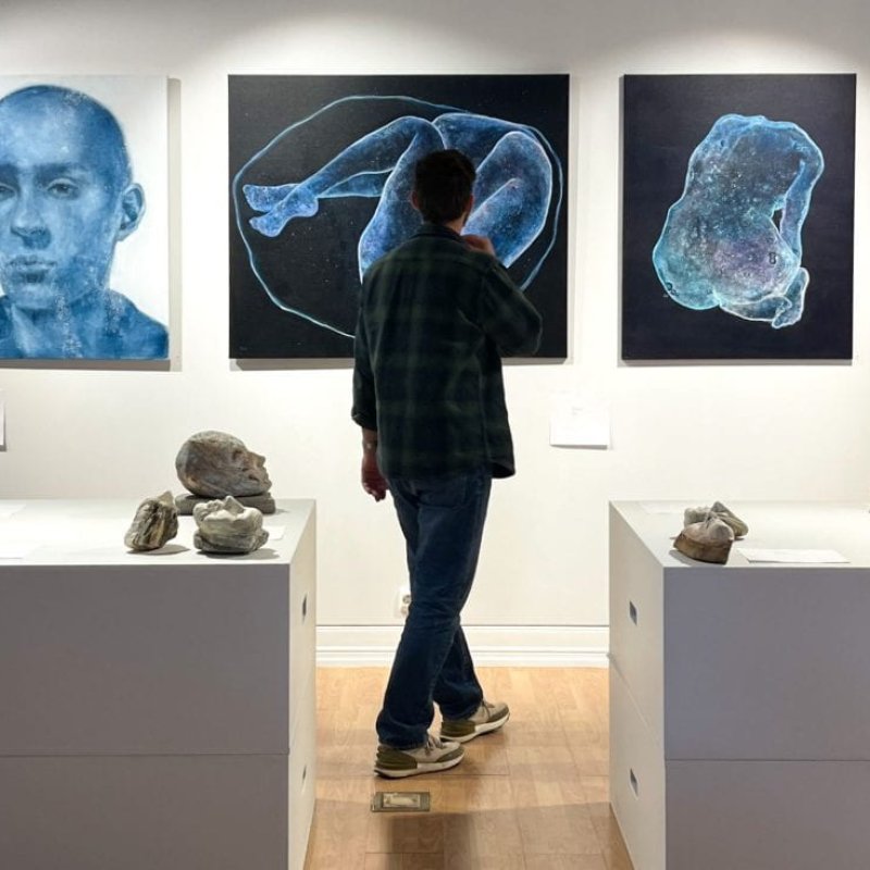 Artwork in a gallery with a man looking at it