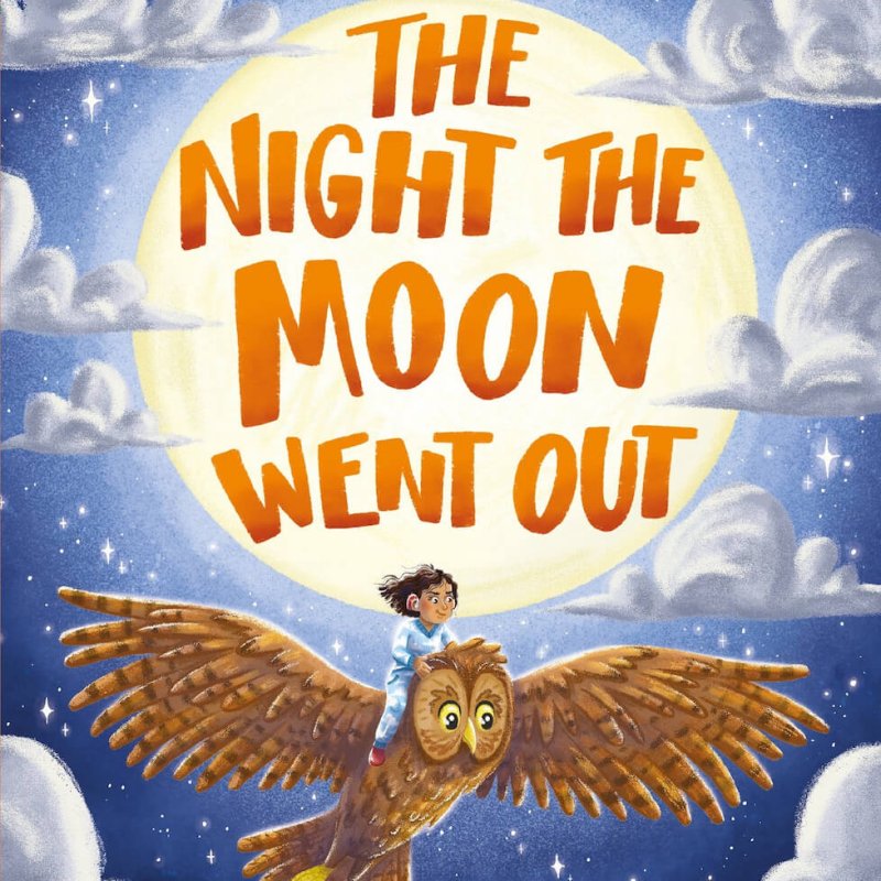 Book cover with a girl riding on an owl in the night sky