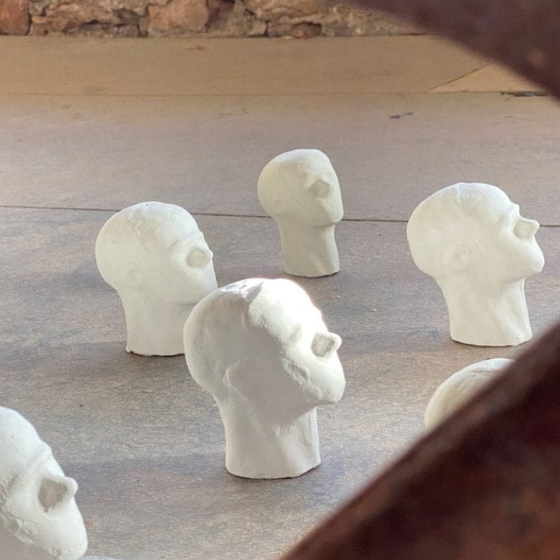 Sculptures of heads in a gallery