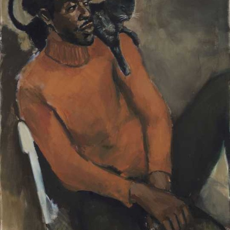 Painting of man with black cat on shoulder