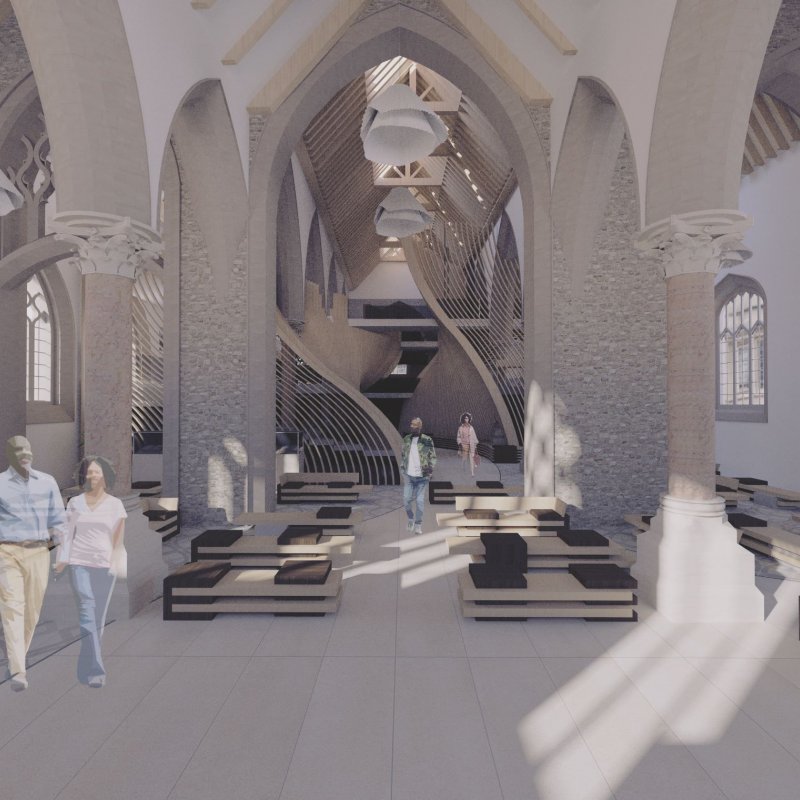 CAD render of interior of a church-like building