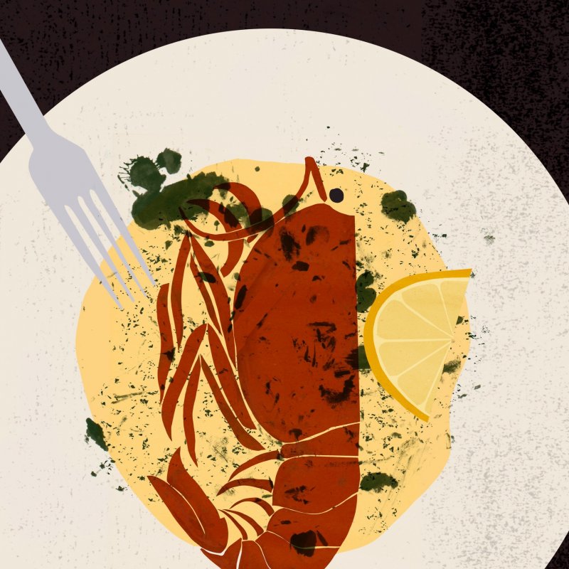 Illustration of a lobster on a plate with a slice of lemon