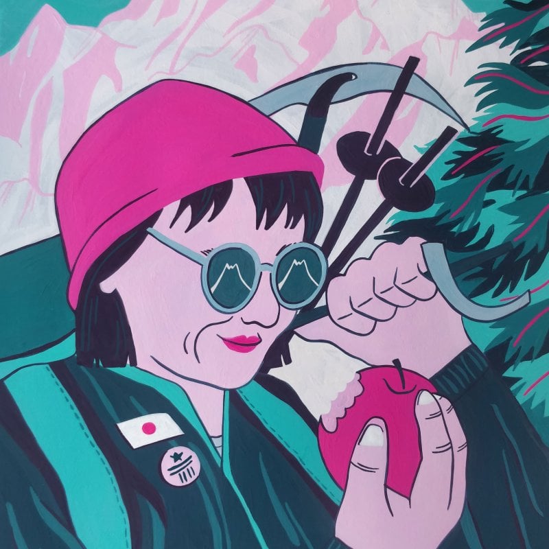 An illustraion of a hiker eating an apple. Artist is BA Illustration Online student Rhiannon Pettite