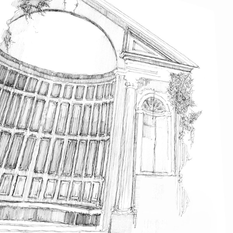Pencil drawing of a historic building with an arch and pillar