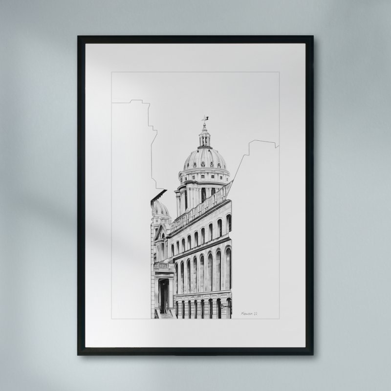 A black framed drawing of The Old Royal Naval College in Greenwich