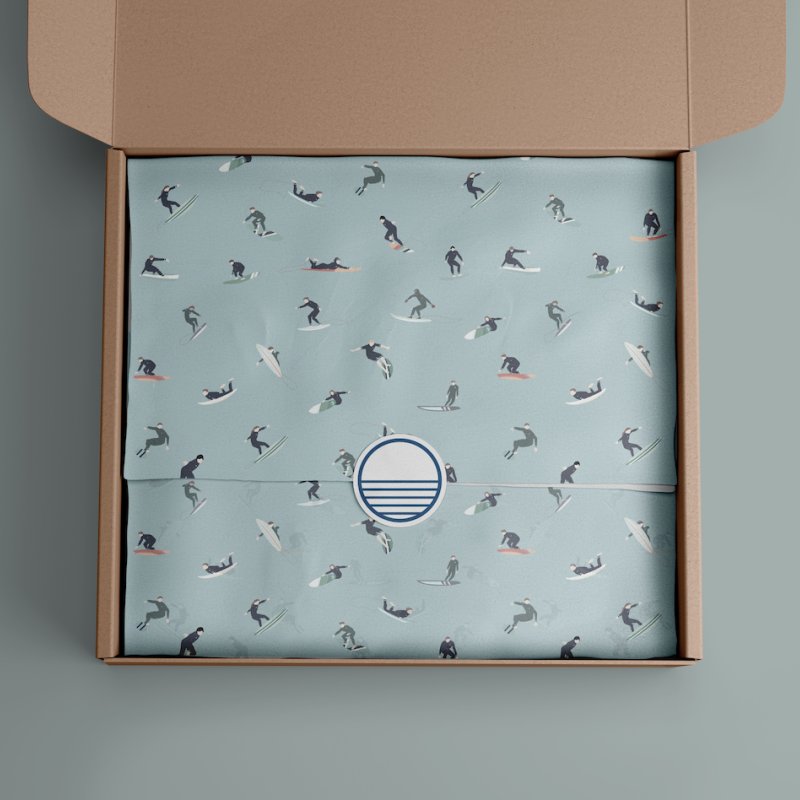 blue packaging with surfers on inside a brown cardboard box