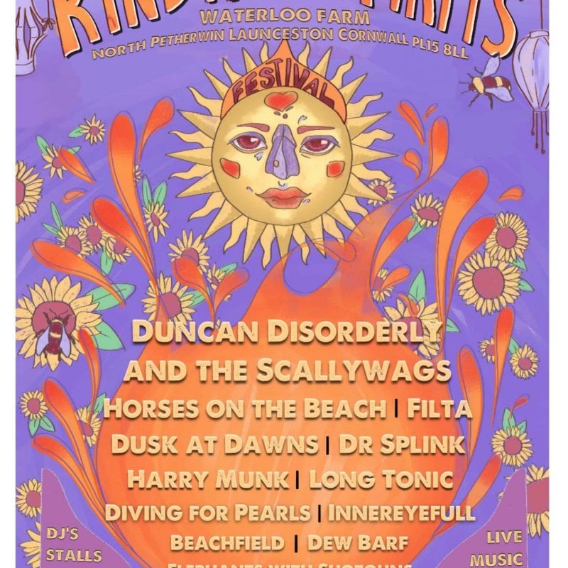 A poster for the 2022 Kindred Spirits Festival. The illustration shows a sun smiling, surrounded by sunflowers