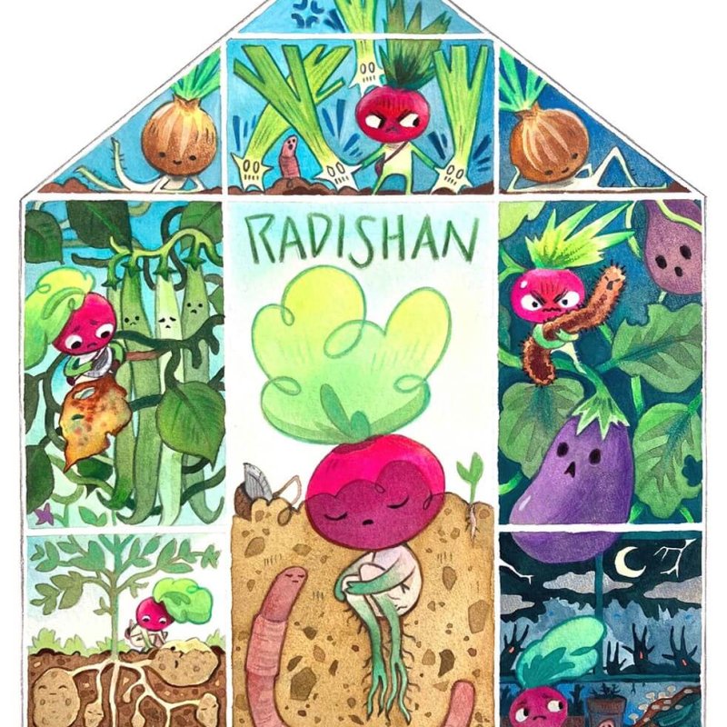 An illustration of a greenhouse with radish and worm