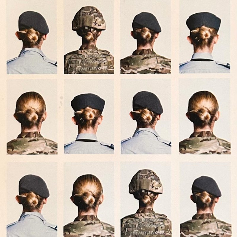 Multiple images of the back of a woman's head wearing military uniform