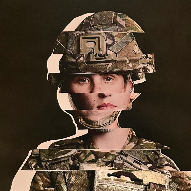 Distorted photograph of a woman in military uniform and helmet