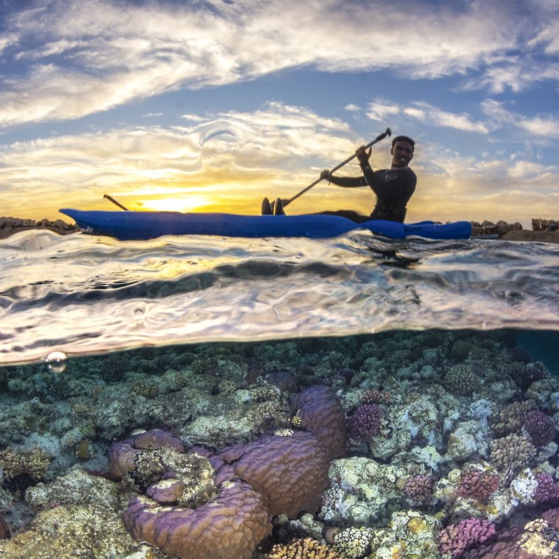 Split photo, taken at sunset, showing a kayaker on the surface of the sea as well as the coral reef below it.