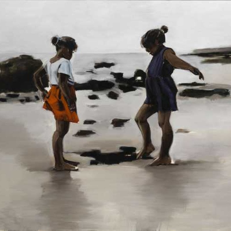 Painting of two girls dancing on the beach