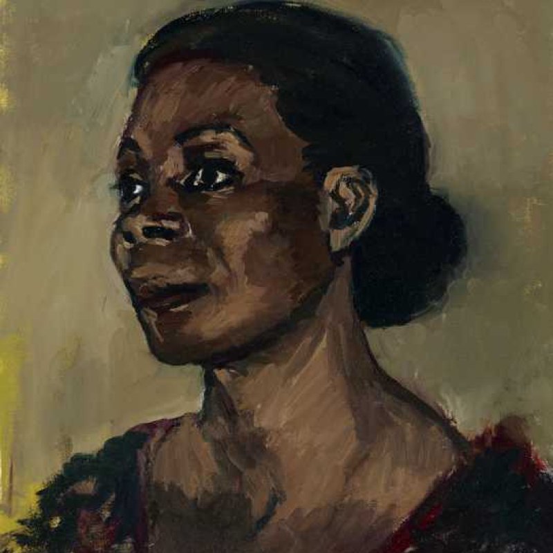 Painted portrait of a woman gazing to the left 